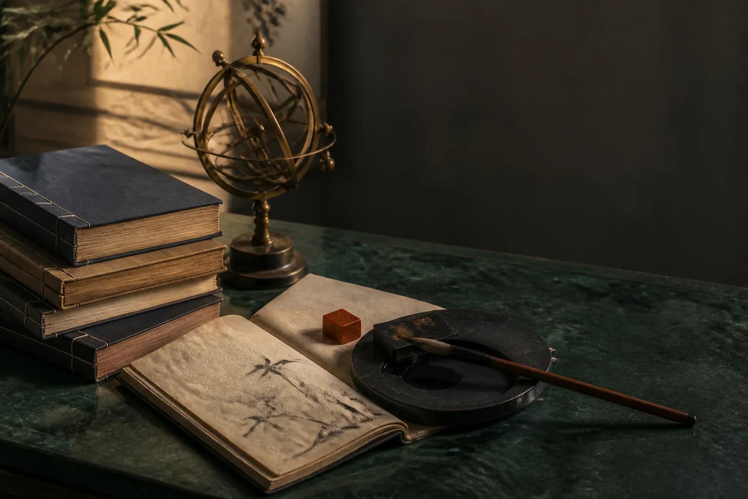 Classical books, ink stone and brass instrument